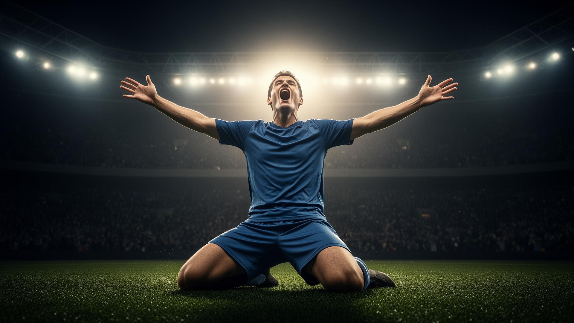 Football player celebrating goal on knees